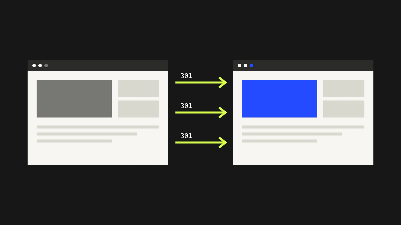 Dos ventanas de navegador conectadas por flechas que representan redirecciones de una web antigua a una nueva